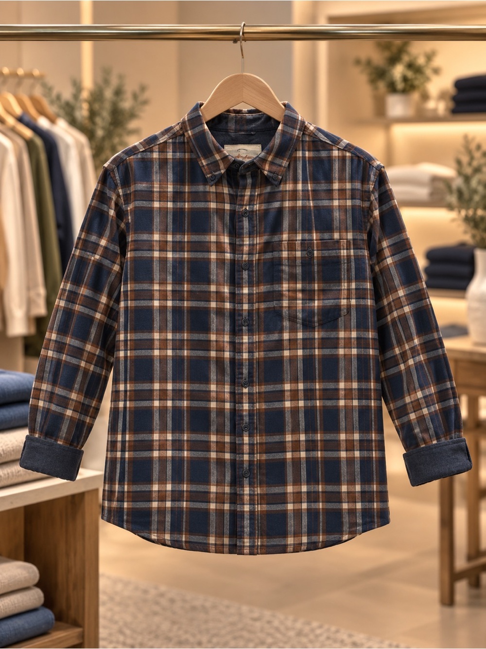 Weatherproof Men's Navy and Brown Plaid Button-Down Shirt